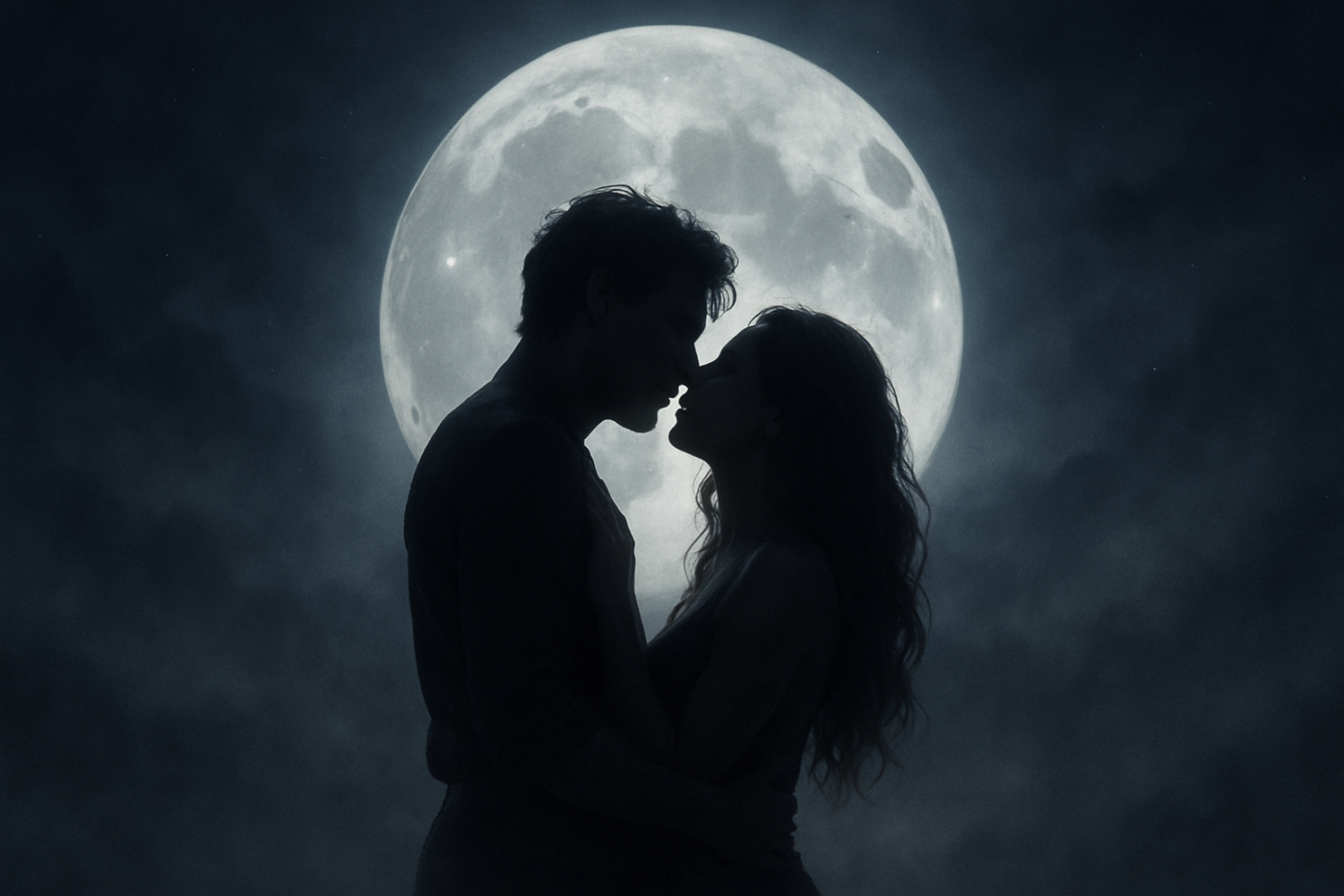 Full moon in the background with two people looking up at each other in a steamy embrace